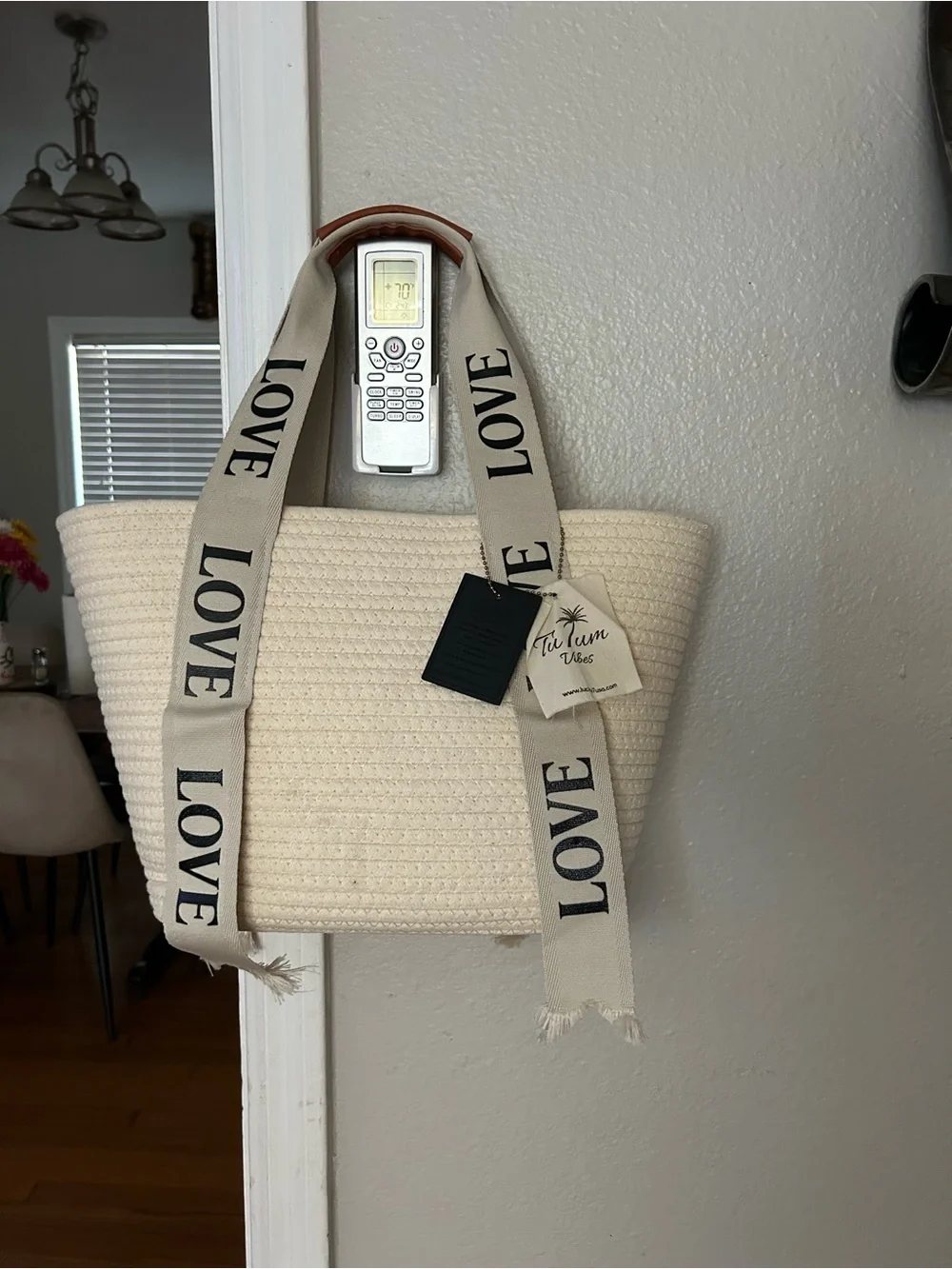 The Yum Vibes Cream Woven Tote with LOVE Shoulder Straps